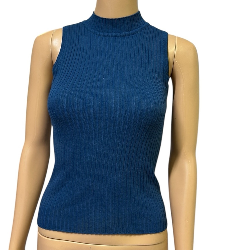 Beware Blue High Neck Ribbed Sleeveless Bodycon Formfit Tank Top Womens Medium